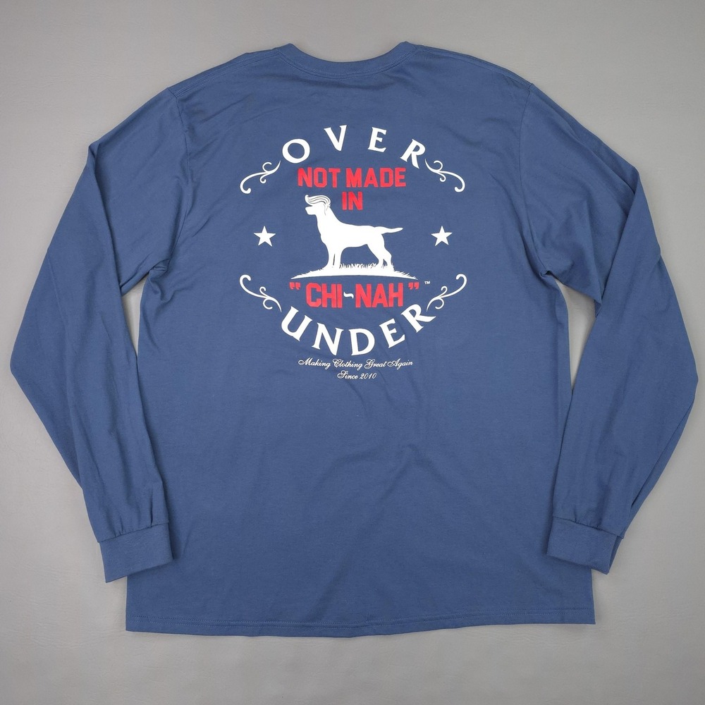Over Under Shirt Mens Large Blue Not Made In Chi-Nah Long Sleeve Graphic Tee USA